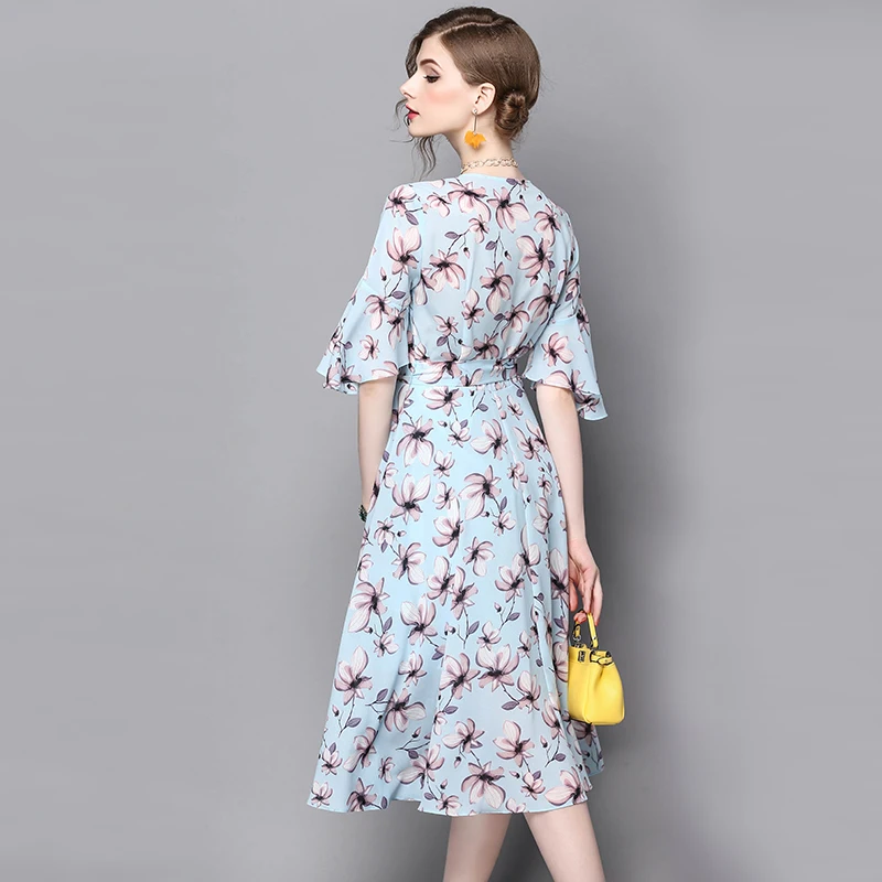 Платье 2017 Лето Новый v-образным вырезом печать с широкими рукавами роковой ете