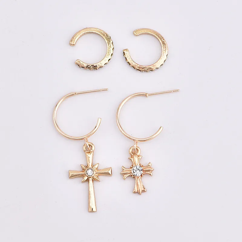 4pcs/set Fashion Rhinestone Cross Earrings Set For Women Bohemia Gold Silver Color Hoop Earring Ear Drop Jewelry E1583 | Украшения и