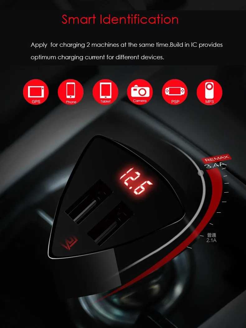 Remax Smart USB Автомобильное зарядное устройство в режиме реального времени мониторинг напряжения адаптер с двумя портами USB 5 В/3,4 A быстрое зарядное устройство для iphone samsung xiaomi