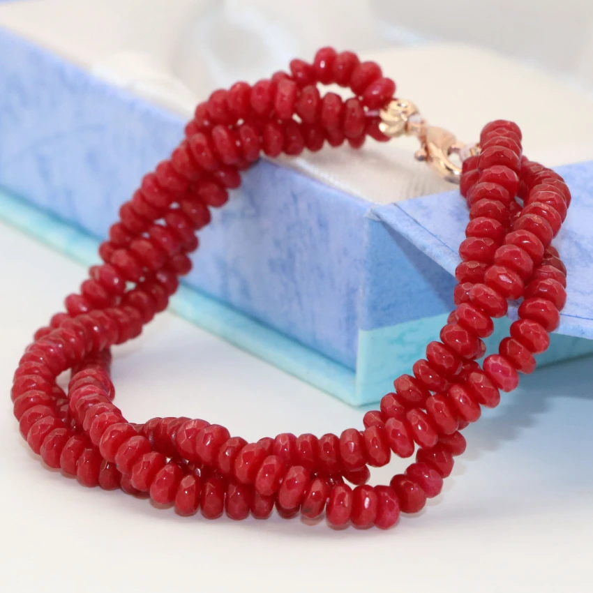 Wholesale price 3 rows rose gold-color clasp red jades chalcedony abacus faceted 2*4mm multilayer bracelet jewelry 7.5inch B2783 | Украшения