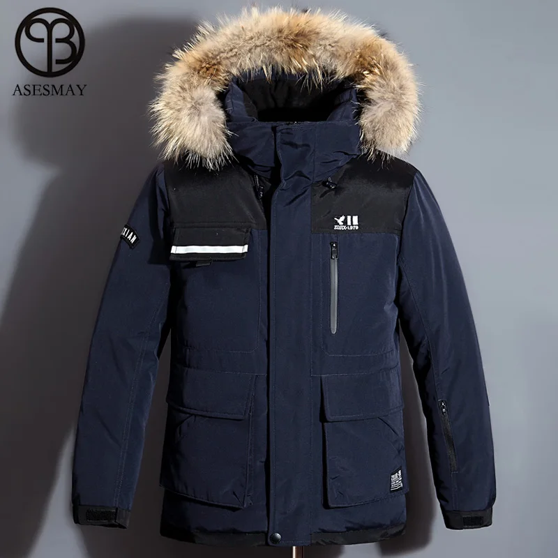 Asesmay, Новое поступление, мужские зимние куртки, 90% белый утиный пух, парки, пальто для мужчин, зимняя Толстая теплая куртка с капюшоном, натуральный мех, верхняя одежда - Цвет: Navy blue