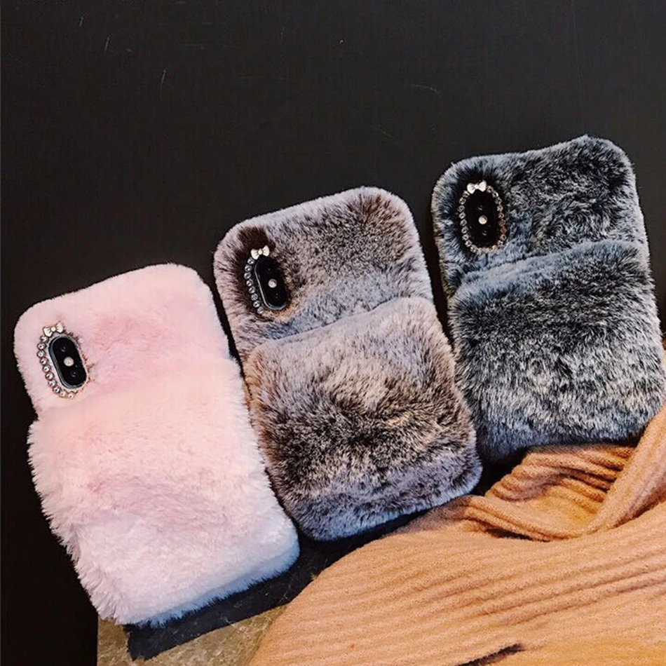 Чехол для iPhone 7 8 Plus 6 6S XS Max XR X 5 5S с мехом кролика на запястье Samsung Galaxy S10 Lite S8 S9 S7 S6 Edge