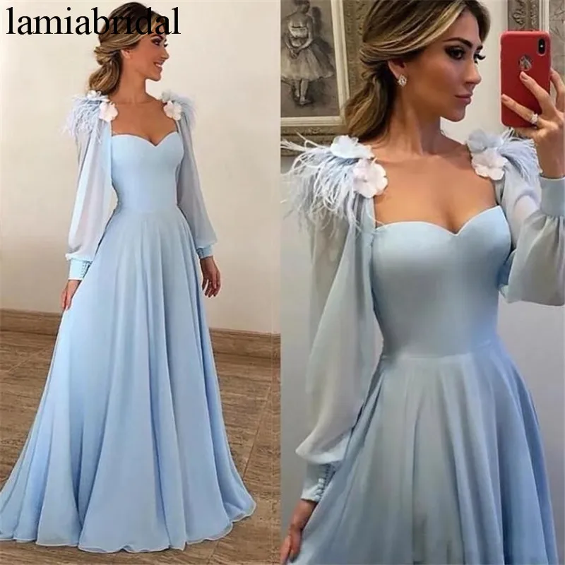 

Baby Blue Long Sleeves Cheap Prom Dresses 2019 A Line 3D Floral Feather Chiffon 2k19 Couple Fashion vestidos de fiesta de noche