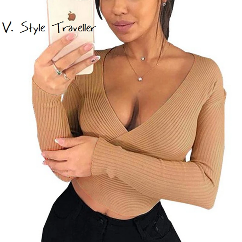 Autumn V Neck Thin Sweater Women Casual Low Cut IG Cropped Pullover Boho Bohemia Sexy Jumper Pull Femme Tee White Black Crop Top | Женская