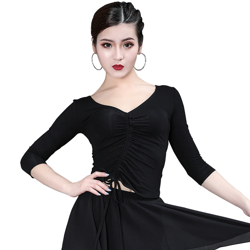 

Latin Dance Practice Shirt Female Adult Sexy V-Neck Cotton Tops For Women'S Ballroom Professional National Dance Clothes DWY1403