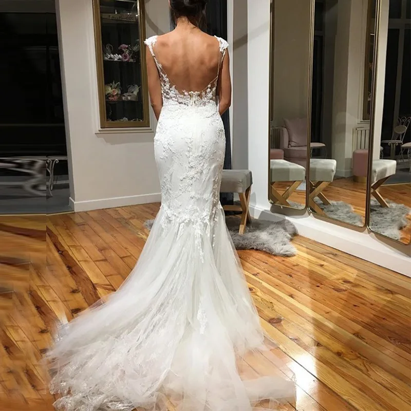 Elegant Mermaid Wedding Dresses Illusion Bodice Scoop Neck Cap Sleeve Backless Sweep Train Full Length Boho Bridal Dress | Свадьбы и