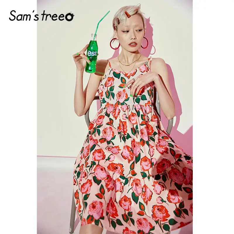 Samstree, цветочный принт, женские платья с открытыми плечами, сексуальные, v-образный вырез, хлопок, а-силуэт, женское платье для вечеринки,, модное праздничное платье