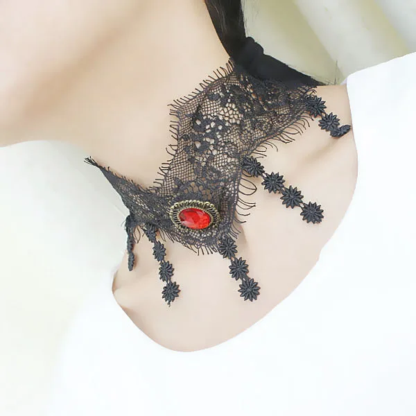 Gothic Style Punk Tattoo Choker Necklace Grunge Black Hollow out Lace with Red Rhinestone Decoration | Украшения и аксессуары