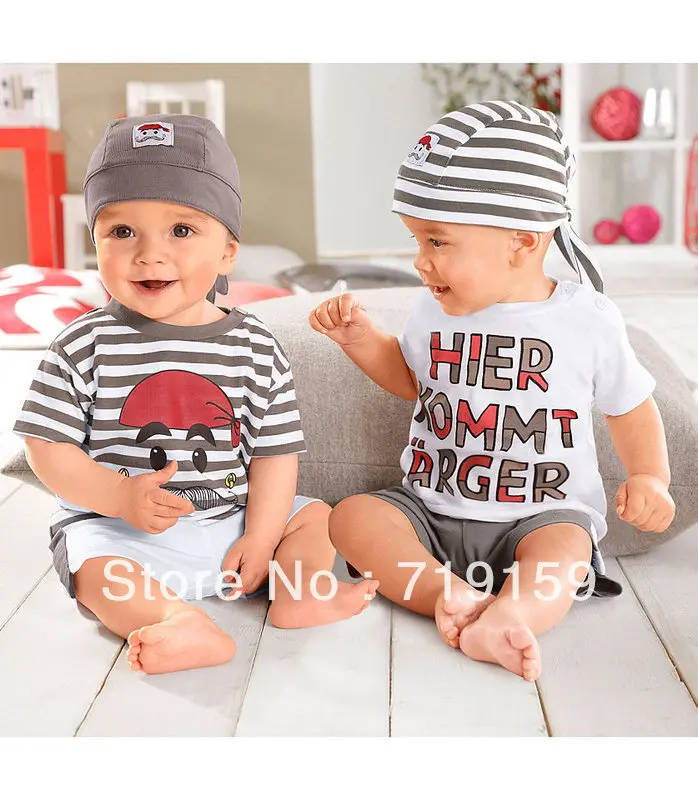 

0~2 ages summer cartoon cute stripe children clothing kid suit hat +T-shirt + pant 3 pcs baby girl boy clothing set