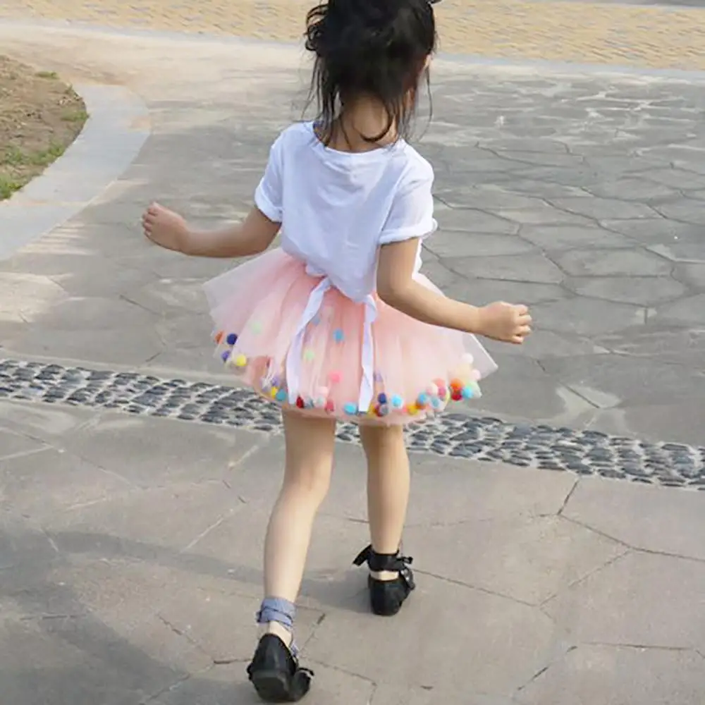 2022 Summer Baby Multilayer Tulle Tutu Skirt Colorful Pom Pom Princess Mini Dress Children Clothing Pettiskirt Girl Clothes images - 6