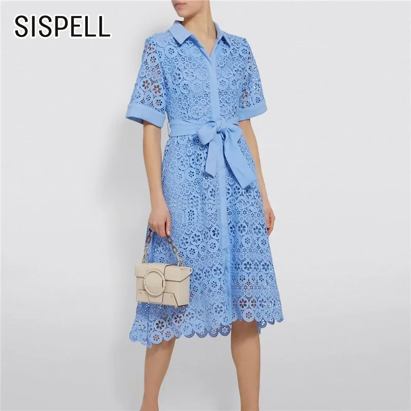 SISPELL/летнее женское платье до колена с отворотом коротким рукавом бантом тонкие