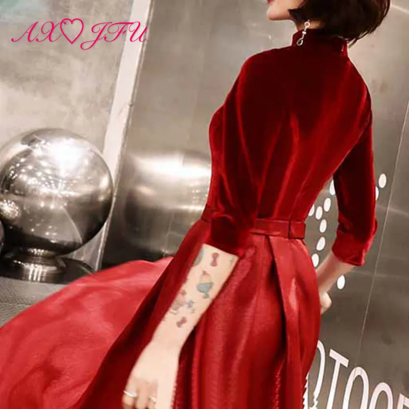 

AXJFU princess red velvet v neck evening dress vintage half sleeve evening dress party long host red evening dress