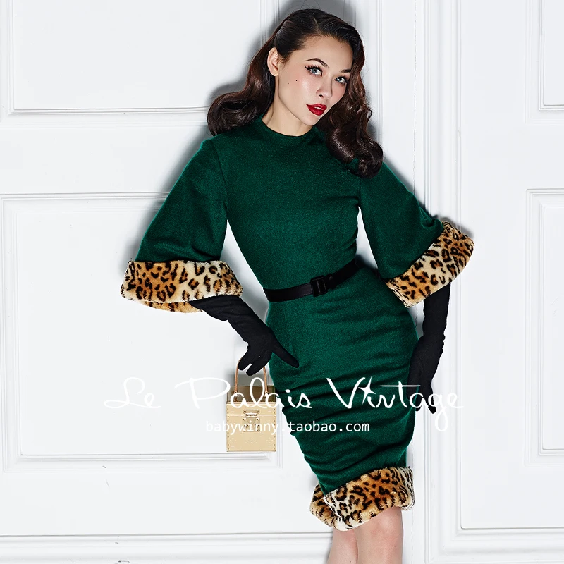 Женское винтажное шерстяное платье в стиле 50 х с рукавом до локтя|green wool|palais vintagele