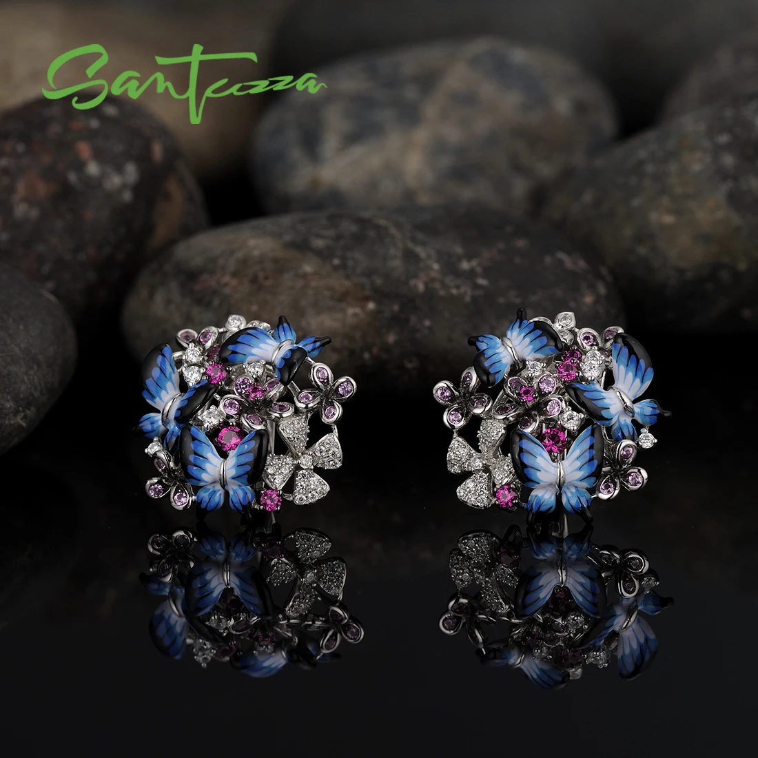 SANTUZZA, серебряные серьги для женщин, 925 пробы, серебряные серьги, кубический цирконий, нежная голубая бабочка, модное ювелирное изделие, эмаль