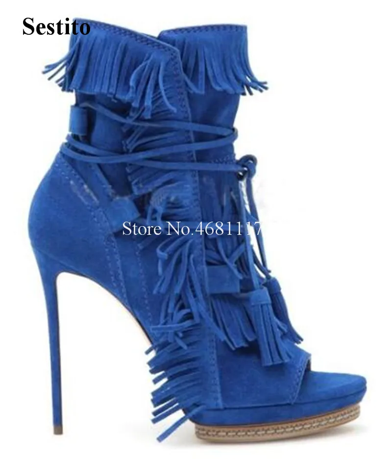 

Peep Toe Fringe Gladiator Boots Suede Leather Tassels Women Beautiful Platform Short Lace-up Blue Red High Heel Ankle Booties