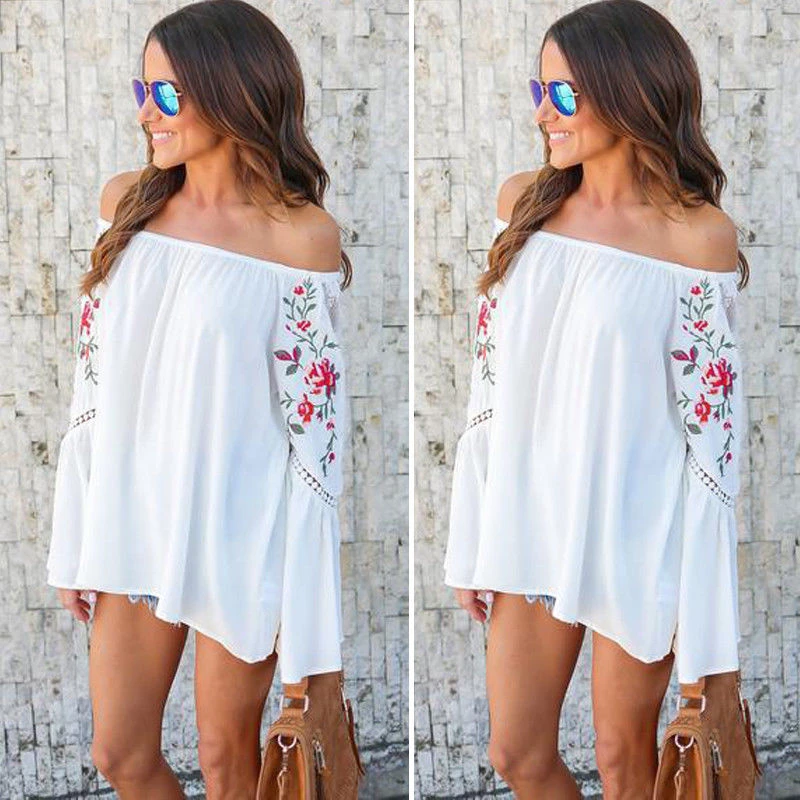 Женская блузка с открытыми плечами черная или белая Свободная Повседневная