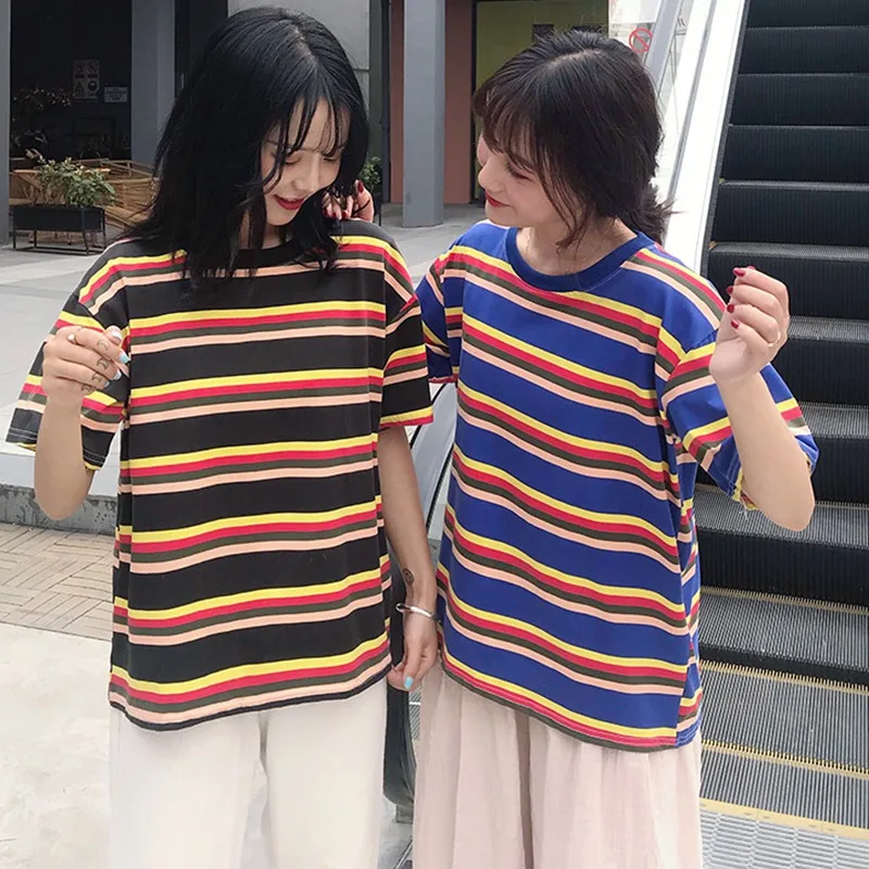 2019 Summer Stripe Printed T shirts Women Casual Loose tee shirt Harajuku O neck Short Sleeve Cozy Student Tee Tops femme|Футболки| |