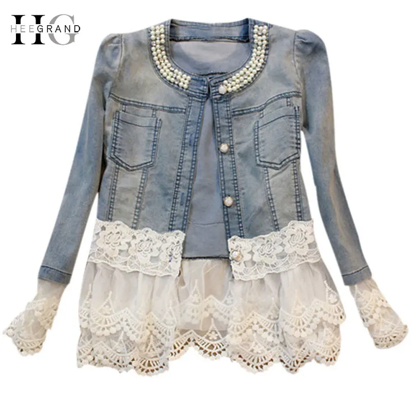 Jeans Jacket Women Casacos Feminino Slim Lace Patchwork Beading Denim Lady Elegant Vintage Jackets Coat Dropship WWJ084 | Женская одежда