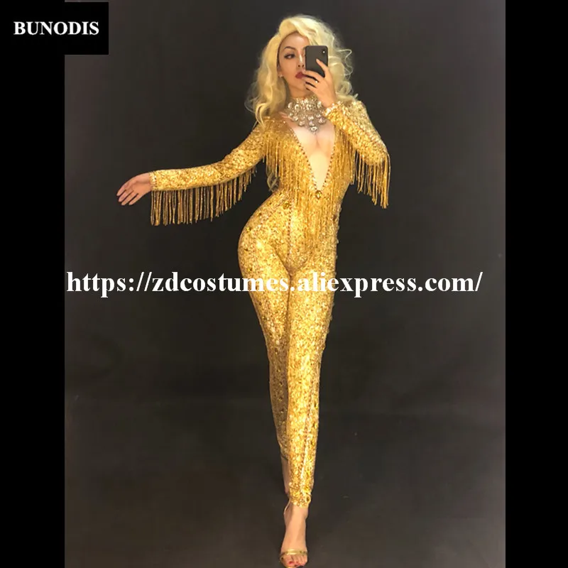 ZD339 Women Gold Tassel & 3D Printed Flower Glass Sparkling Crystals Nightclub Party Stage Wear Dancer Singer Bling Costumes