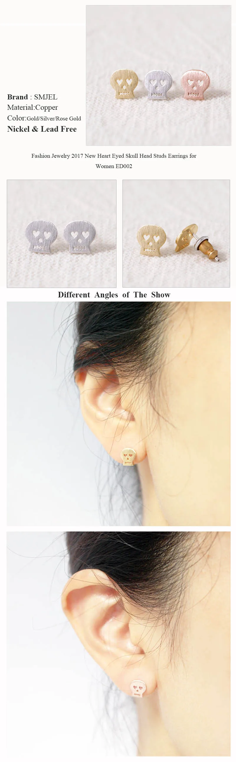 SMJEL 10 PCS-S002, модные,, готические серьги с сердечками, злой шпильки-черепа для женщин, boucle d'oreille Femme