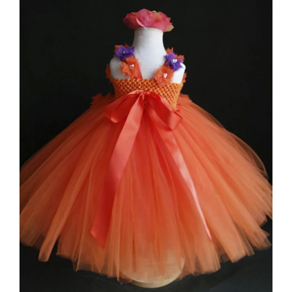 Платье-пачка с цветами для девочек оранжевый и фиолетовый цвет оранжевое платье