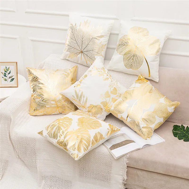 

Fuwatacchi White Gold Foil Linen Cushion Cover Leaf Flowers Diamond Pillow Cover for Home Chair Sofa Decorative Pillows 45*45cm