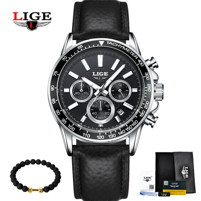 leather black LIGE, мужские часы, Топ бренд, Роскошные Кварцевые часы, час, дата, часы, модные, повседневные, стальные часы, мужские, военные, Erkek Kol Saat - Цвет: leather black