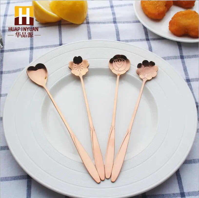 Rose gold 4 шт./компл. мороженое Чай десертная ложка ложки с длинной ручкой, Нержавеющая сталь цветы в форме помешивая ложкой столовые приборы Кухня аксессуары - Цвет: Rose gold