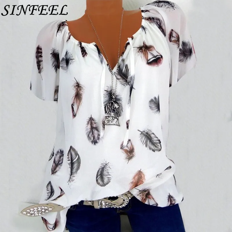 Женская шифоновая блузка с V-образным вырезом и коротким рукавом Женская шифоновая блузка с V-образным вырезом и коротким рукавом