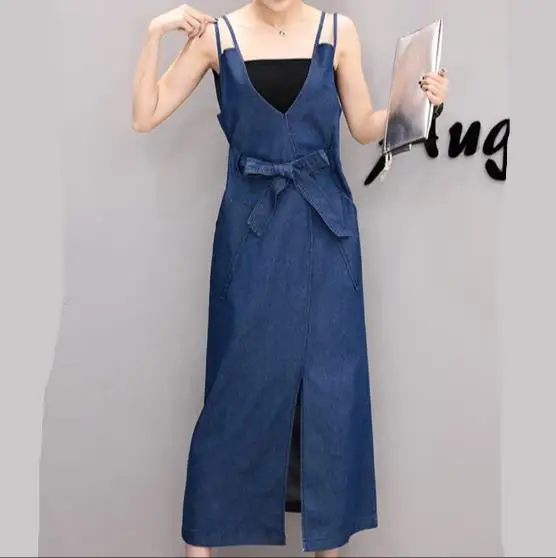 2018 Sleeveless Sashes Work School Women's Long Denim Sundress Female Strap Ladies Dress RQ498 | Женская одежда