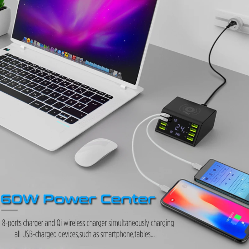 STOD Qi Wireless USB Charger 60W LED Display Quick Charge 3.0 Fast Charging Station For iPhone X Samsung Huawei Nexus Mi Adapter