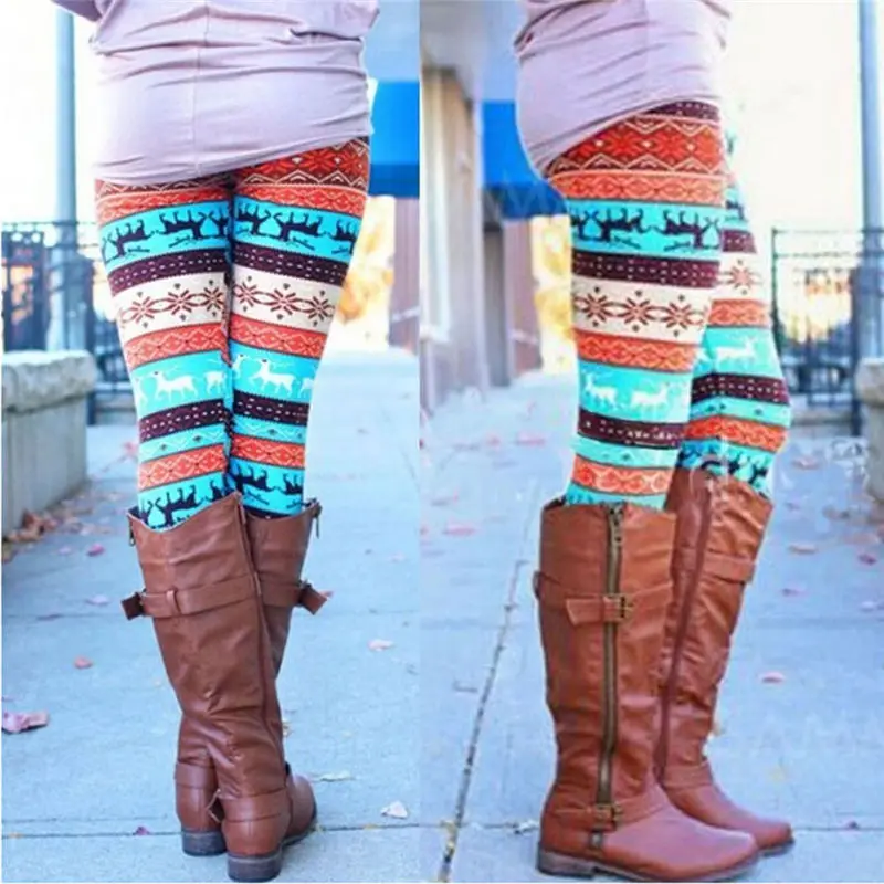 1pc Women Ankle Length Tribal Printed Casual Skinny Slim Legging Stretchy Knit Christmas Gift Snowflake Leggins | Женская одежда