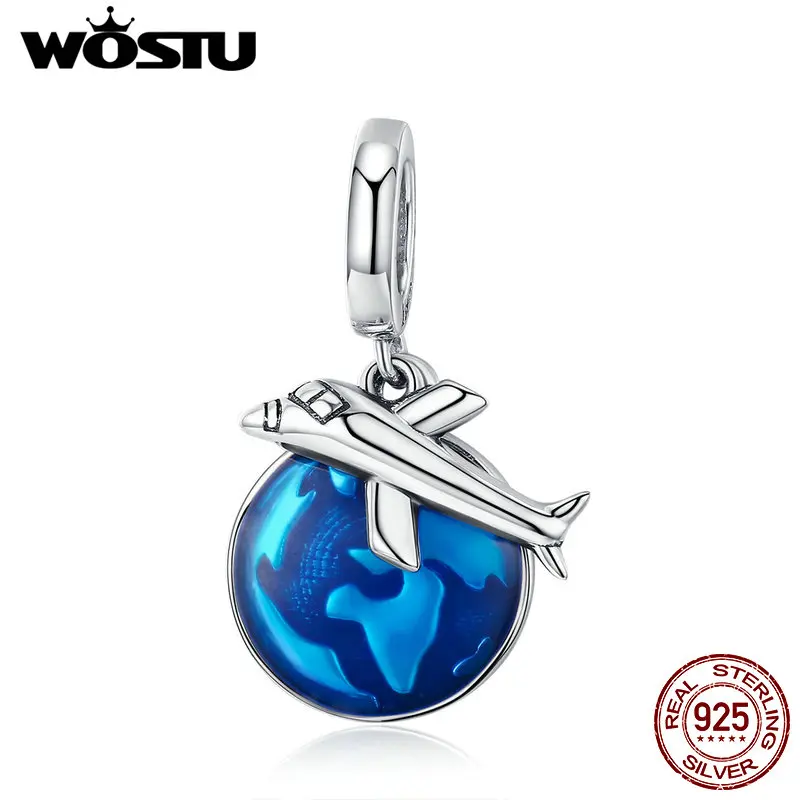 

WOSTU Authentic 925 Sterling Silver World Travel Plane & Earth Dangle Charm fit Beads Bracelet Necklace DIY Jewelry CQC664