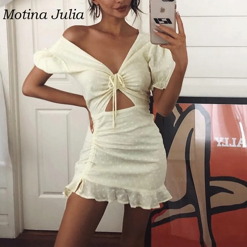 Motina Julia 2019 trendy dot print cotton dress boho beach ruffle mini streetwear day female vestidos | Женская одежда