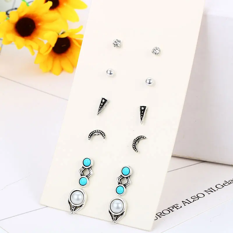 Big Sale Personality Vintage Pearl Arrow Statement Earrings Resin Crystal Moon Triangel Shape Stud For Women 6 Pair/Set | Украшения и