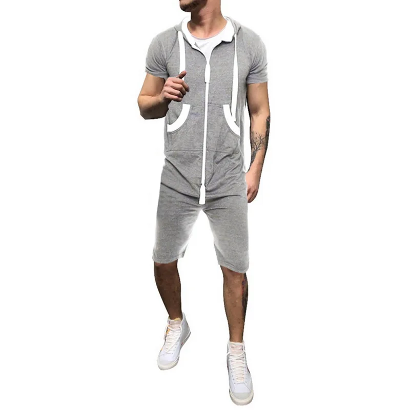 Puimentiua New Fashion Casual Tracksuit Jumpsuit Mens Short Sleeve Sweatshirt Hoodies Romper Mens Overalls Sportwear - Цвет: Light Gray