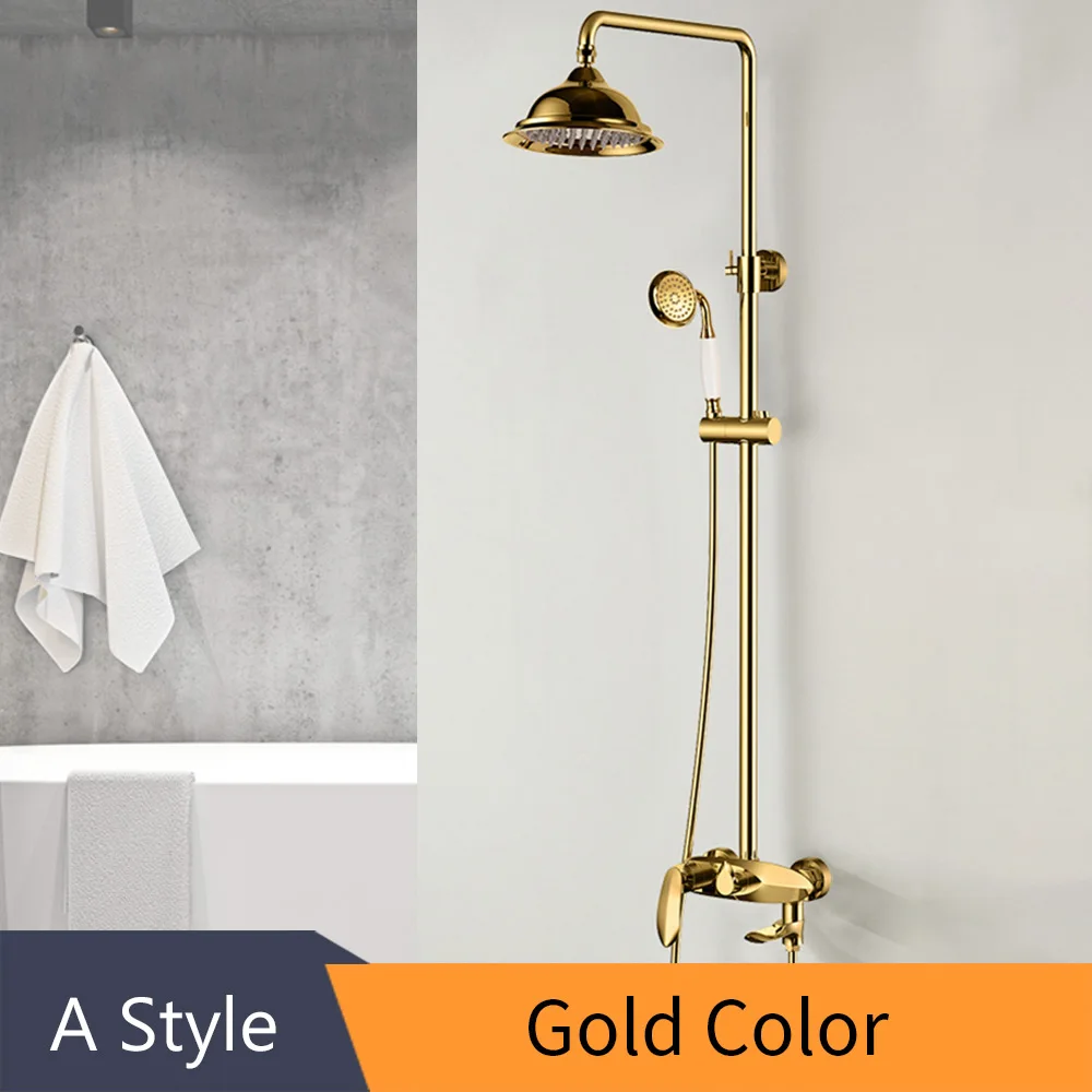 A Style Gold Смеситель для душа, латунный хромированный настенный смеситель для ванной, дождевая насадка для душа, квадратный ручной скользящий бар, смеситель для ванной комнаты, набор 877525L - Цвет: A Style Gold