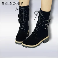 size 34 43 new fashion style black buckle ankle boots flats round toe zip martin boots nubuck woman shoes warm plush snow boots