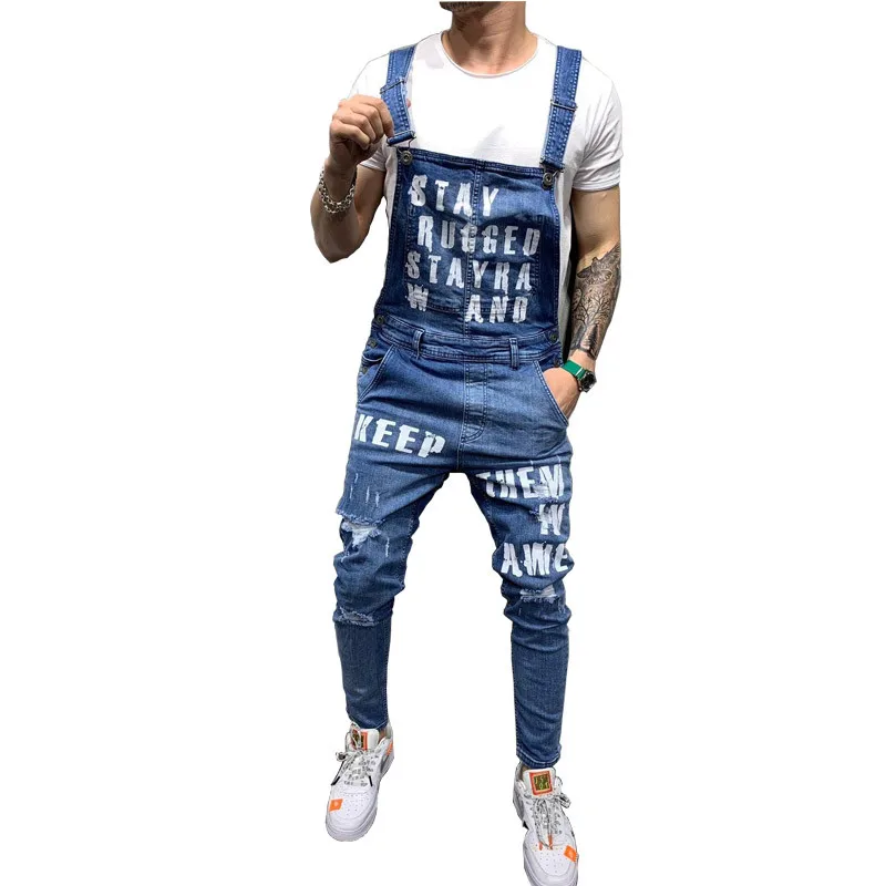 MORUANCLE Fashion Men Ripped Denim Bib Overalls With Holes Workwear Distressed Jeans Jumpsuits Suspender Pants Letter Print