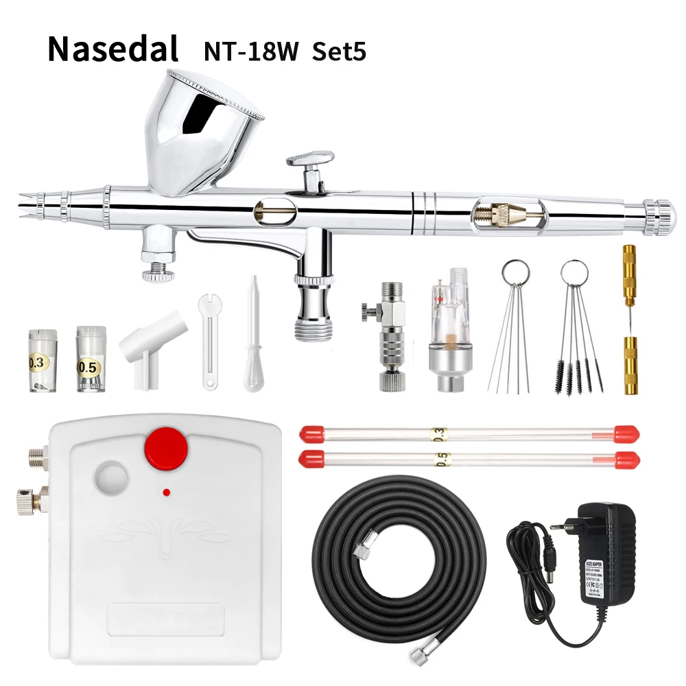 NT-18W-5 NT-18W, мини аэрограф, компрессор, набор, 9cc, двойное действие, Аэрограф, распылитель краски, пистолет для ногтей, для торта, автомобиля, краски, макияж - Цвет: NT-18W-5