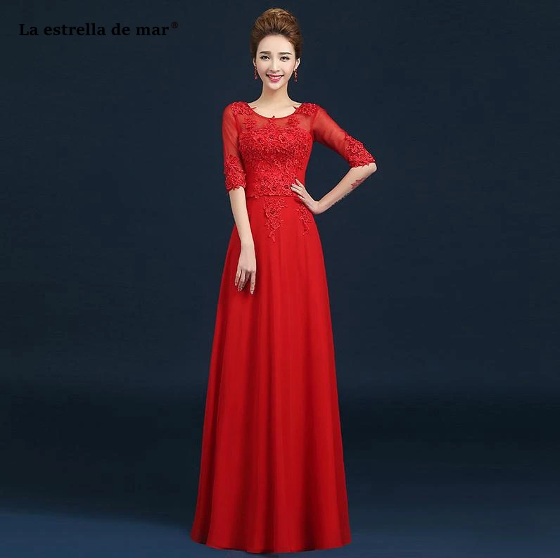 Vestido madrinha2019 новое из кружева, с вырезом на шее шифоновое, с рукавами до локтя линия Бирюзовый Розовый Фиолетовый королевский синий красное платье подружки невесты с длинными