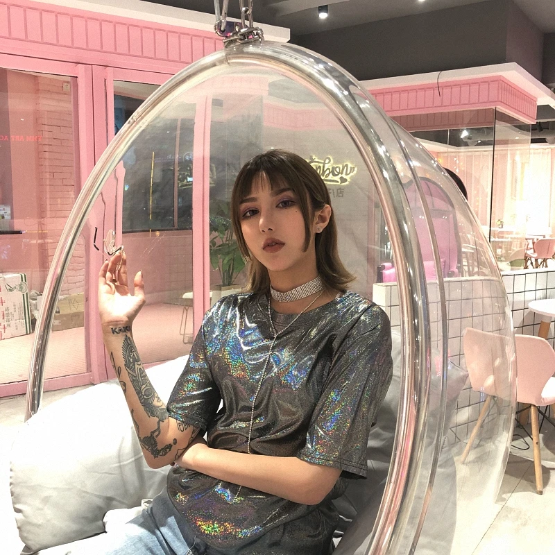 Ins Горячие Harajuku стиль с круглым вырезом короткий рукав Bling Блеск длинная футболка