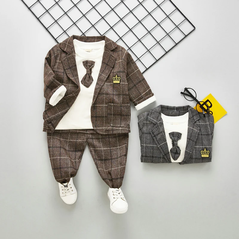 DIIMUU 3Pcs Kids Fashion Baby Boys Clothing Long Sleeve Plaid Coats Cotton T-Shirts Pants Outfits Gentlemen Wedding Party Sets |