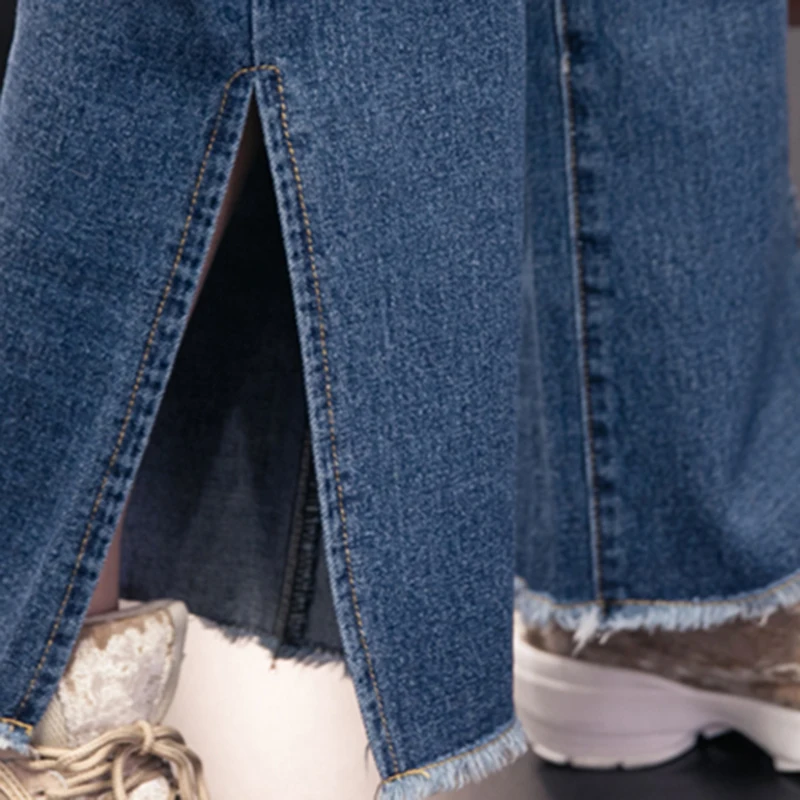 Woman Hem Frayed Wide Leg Jeans Autumn Plus Size Elastic High Waist Korean Vintage Solid Denim Pants Split Trousers |