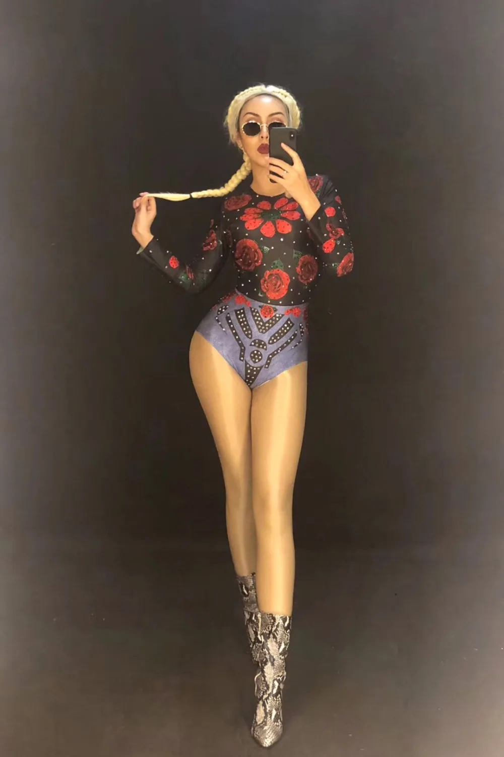 Women Sexy Stage Bodysuit Red Flowers Sparkling Crystals Nightclub Birthday Party Stage Wear Singer Dancer Bling Dance Costumes