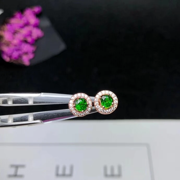 fresh green diopside gemstone earrings 925 silver fine jewelry round natural gem stud color girl ornament gift | Украшения и
