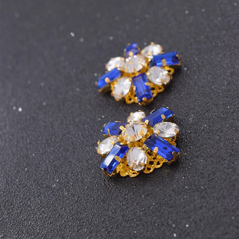 

50pcs/lot Sapphire flower shiny flatback rhinestones buttons for clothings Sew on Decorations appliques for women DIY gold base