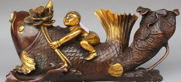 rui wholesale factory 13&quot Chinese Bronze Gild Boy Tong Zi Lad Seat Fish Louts Leaf Statue Sculpture | Дом и сад