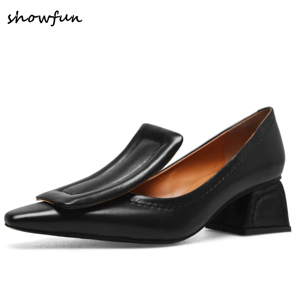 

Women's genuine leather big buckle slip-om pumps brand designer 5cm med heel comfortable four season leisure high heeled shoes