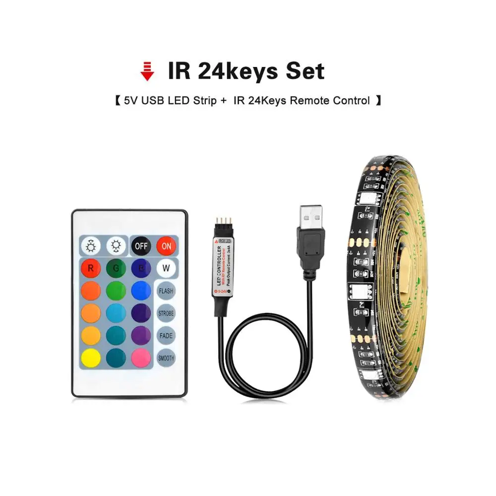 Black PCB 24keys DC 5 В 5050 SMD RGB USB СВЕТОДИОДНЫЙ светильник лента 1 м 2 м 3 м 4 м 5 м USB зарядное устройство светодиодный светильник 3 ключа 17key 24key RGB пульт дистанционного управления - Испускаемый цвет: Black PCB 24keys